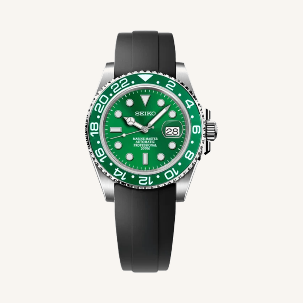 GMTeik green Marine Master, black silicone strap