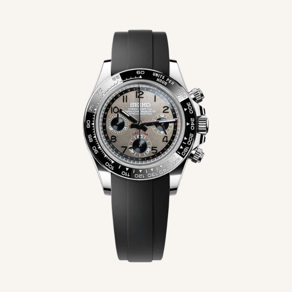 Seitona grey Arabic chronograph, black silicone strap