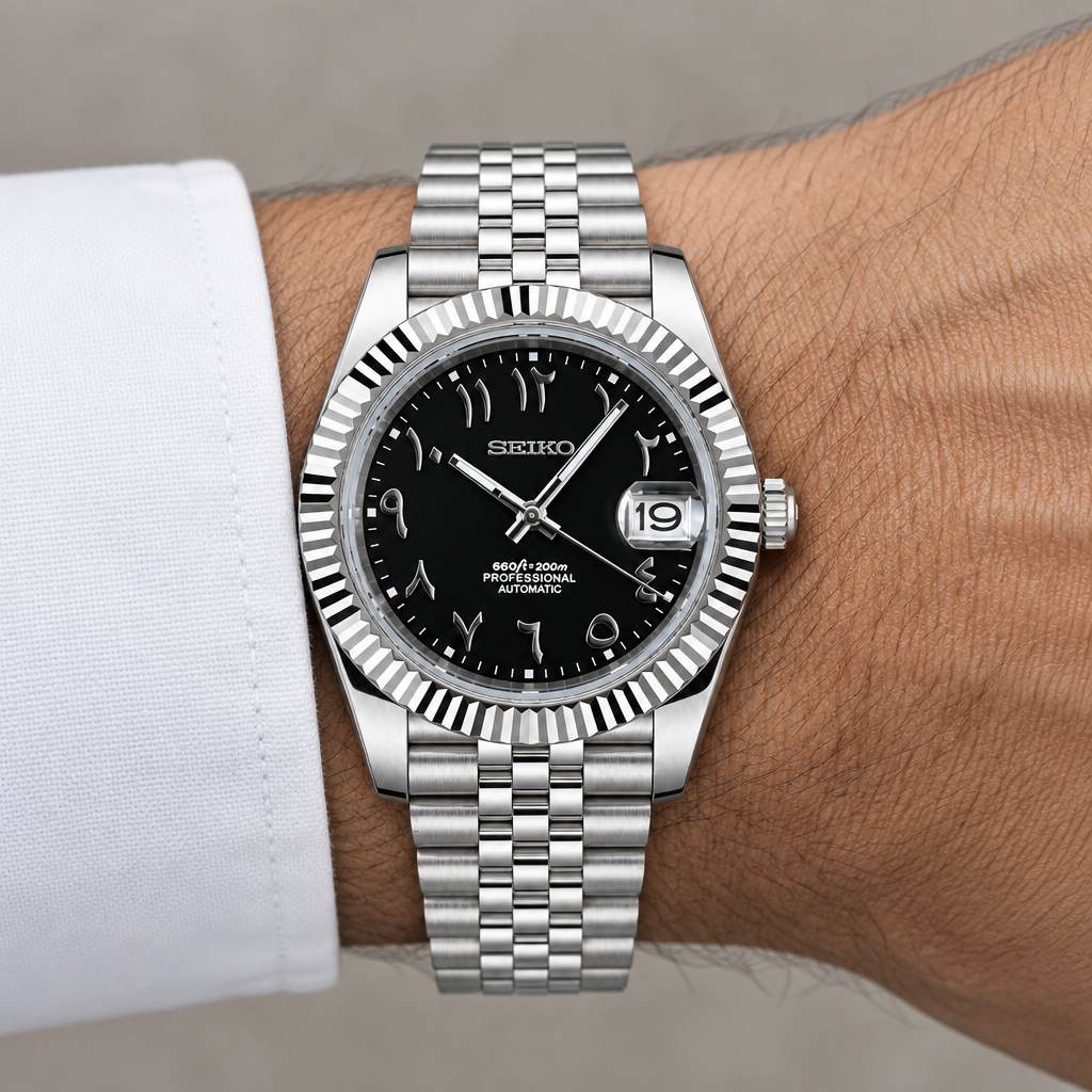 Seikjust Black Arabic – wrist view with white cuff
